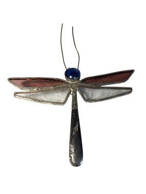 Handcrafted Stained Glass & Metal Spoon Dragonfly Suncatcher Pink Clear Wings
